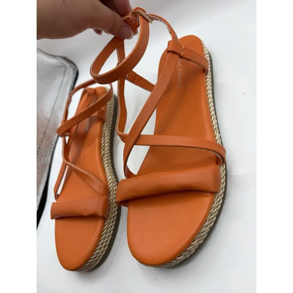 Marc Fisher Natelea Sandals Womens 8 Orange Espadrille Flat Ankle Strap